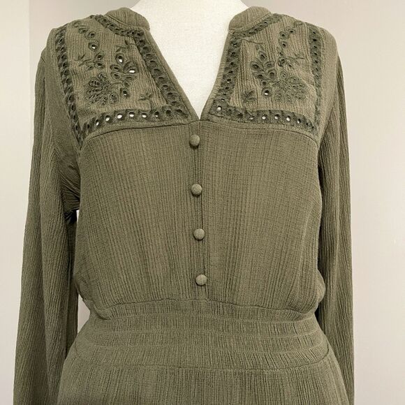 Zara Dress Womens Size Medium Embroidered Lined Khaki Green Long Sleeve Mini - Picture 3 of 11